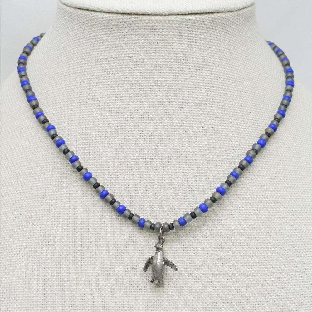 Beaded Penguin Charm Necklace Blue Gray Black Animal Pendant Jewelry Whimsical
